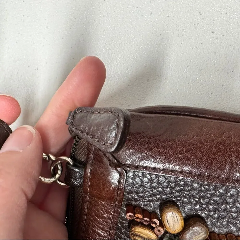 Brighton Vintage Brown Leather Wood Beaded Crossbody Handbag Purse Boho Bag